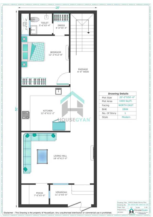 20X50 North East Facing 1BHK Ground Floor House Plan | 1000 Sqft Plot Floor Plan