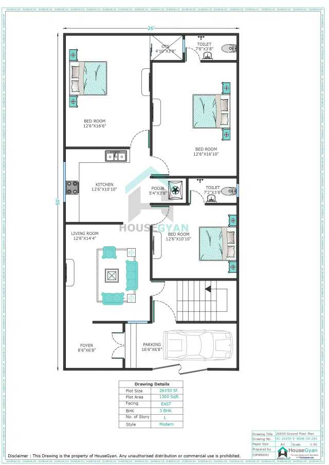 26X50 East Facing 3BHK Ground Floor House Plan | 1300 Sqft Plot Floor Plan