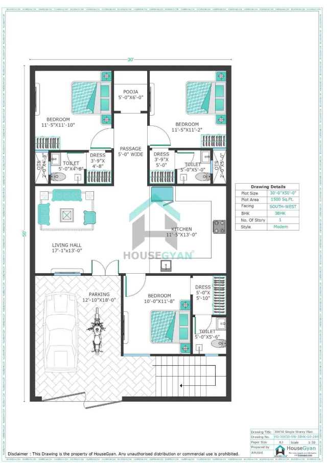 30X50 South West Facing 3BHK Ground Floor House Plan | 1500 Sqft Plot Floor Plan