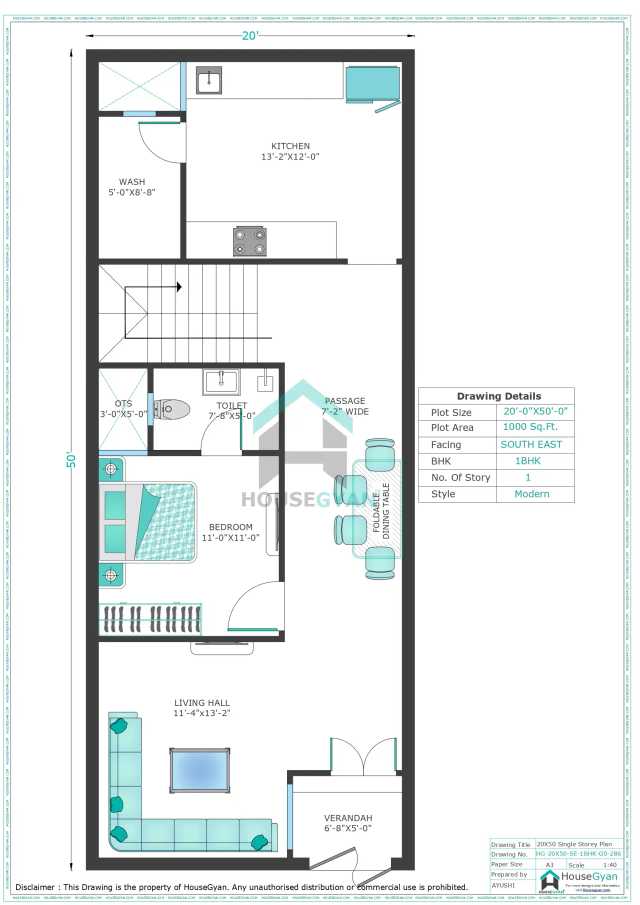 20X50 SouthEast Facing 1BHK Ground Floor House Plan | 1000 Sqft Plot Floor Plan