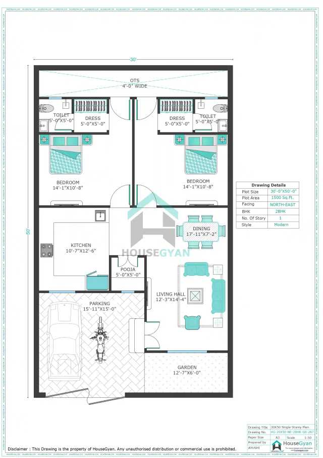 30X50 North East Facing 2BHK Ground Floor House Plan | 1500 Sqft Plot Floor Plan