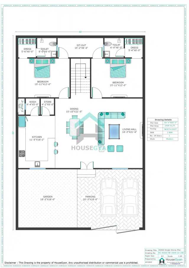 40X60 North East Facing 2BHK Ground Floor House Plan | 2400 Sqft Plot Floor Plan