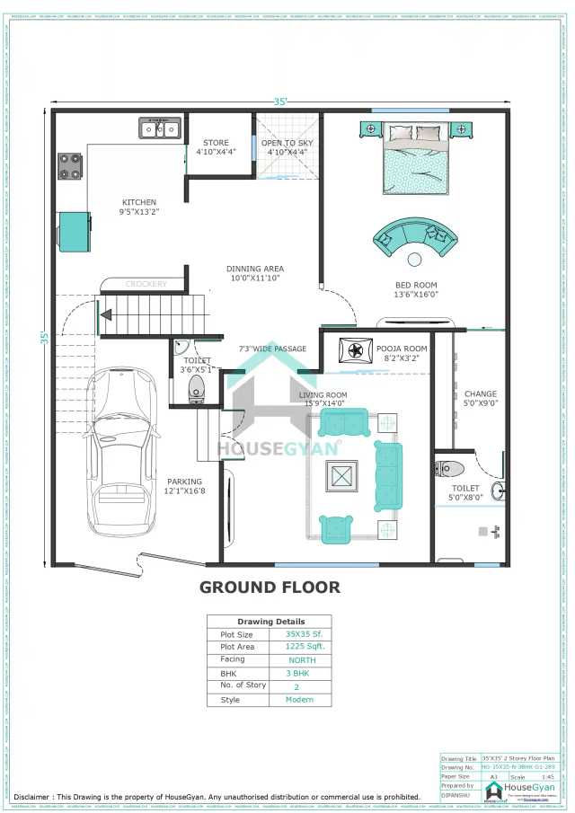35X35 North Facing 3BHK First Floor House Plan