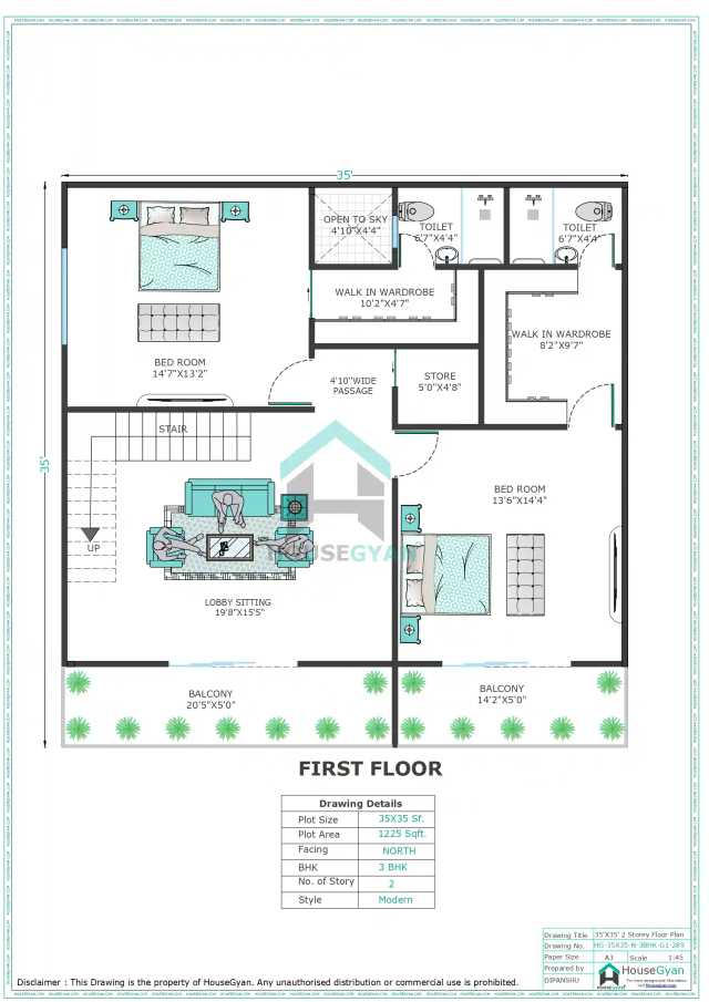 35X35 North Facing 3BHK First Floor House Plan | 1225 Sqft Plot Floor Plan