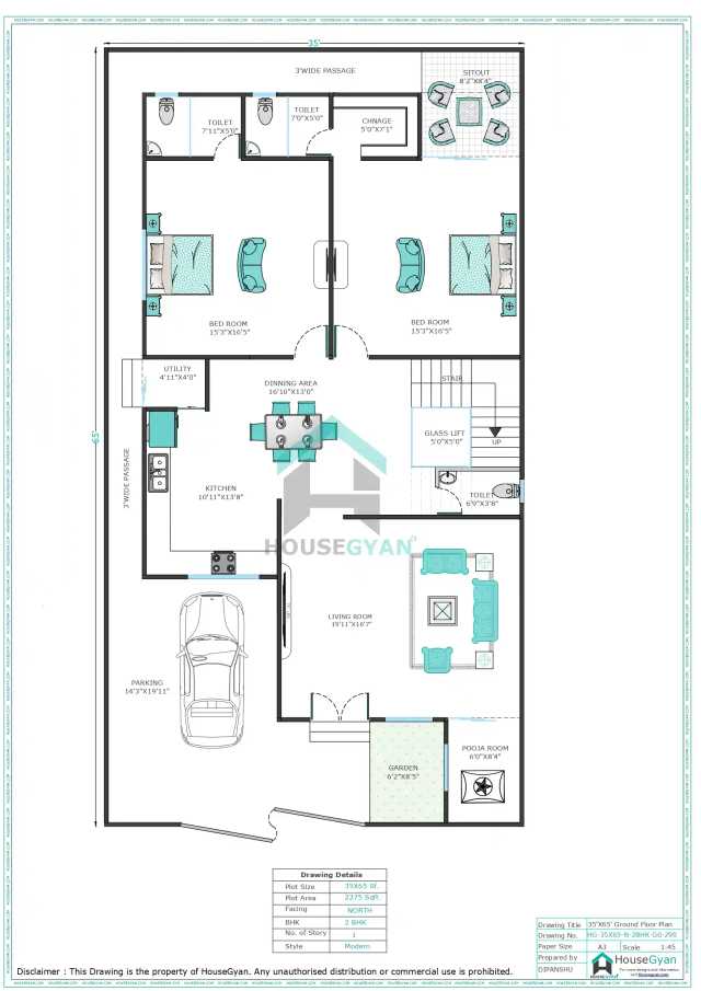 35X65 North Facing 2BHK Ground Floor House Plan | 2275 Sqft Plot Floor Plan