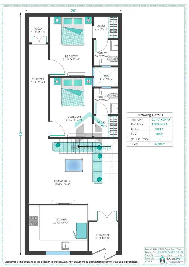 20X50 West Facing 2BHK Ground Floor House Plan