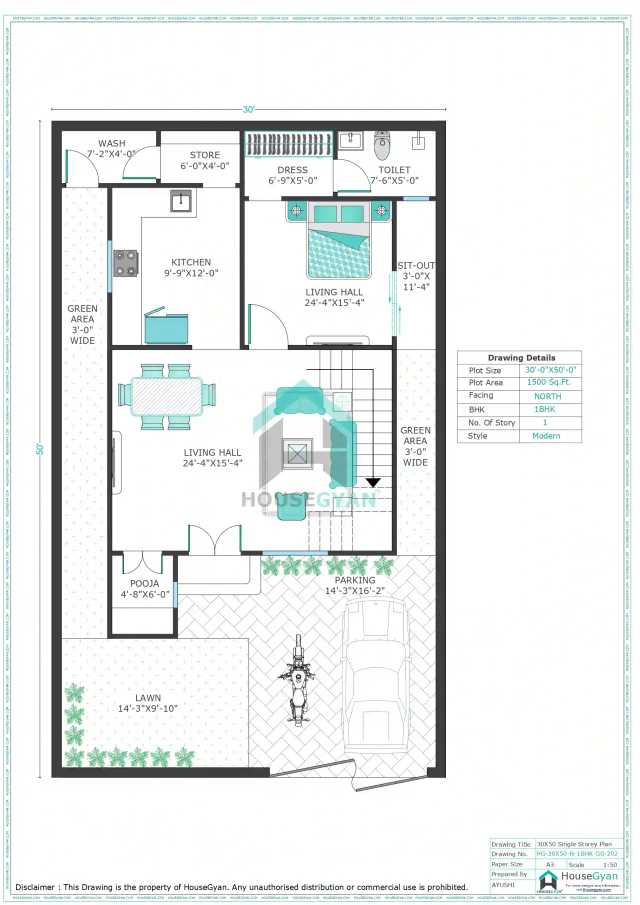 30X50 North Facing 1BHK Ground Floor House Plan | 1500 Sqft Plot Floor Plan