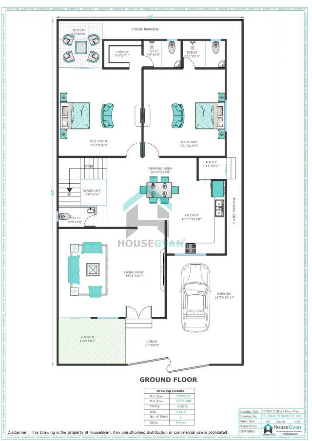 35X65 North Facing 5BHK First Floor House Plan | 2275 Sqft Plot Floor Plan