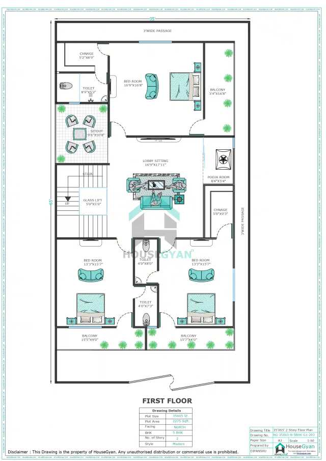 35X65 North Facing 5BHK First Floor House Plan | 2275 Sqft Plot Floor Plan