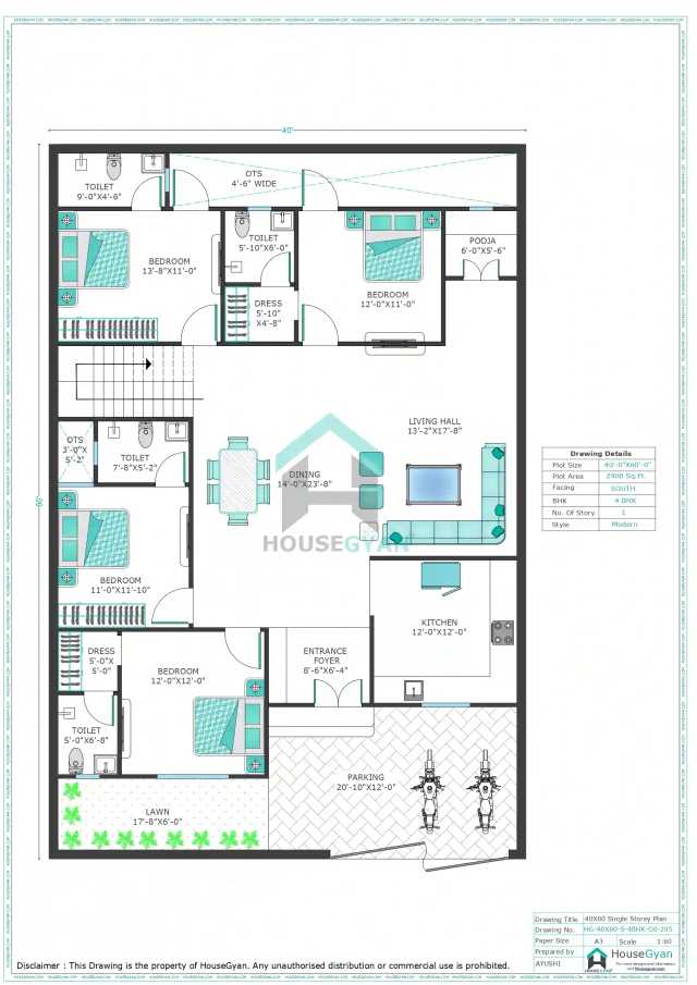 40X60 South Facing 4BHK Ground Floor House Plan