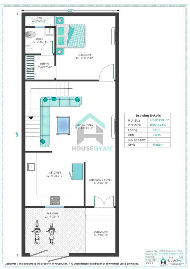 20X50 East Facing 1BHK Ground Floor House Plan | 1000 Sqft Plot Floor Plan