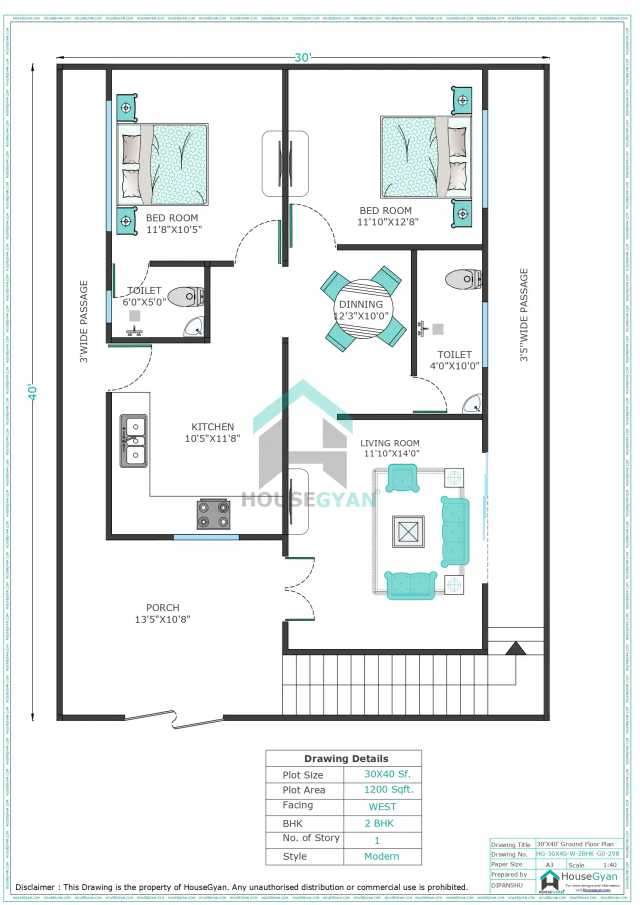 30X40 West Facing 2BHK Ground Floor House Plan