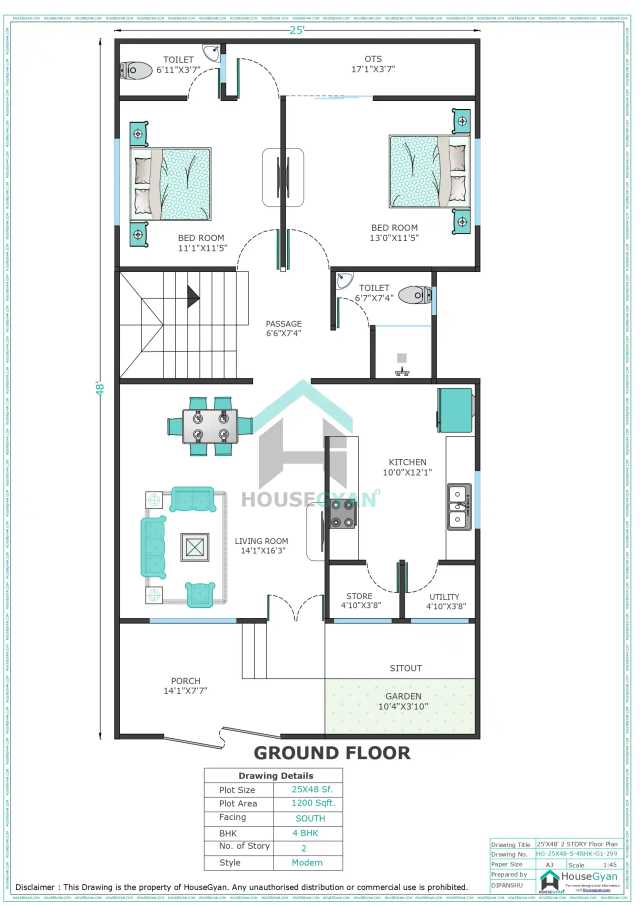 25X48 South Facing 4BHK First Floor House Plan