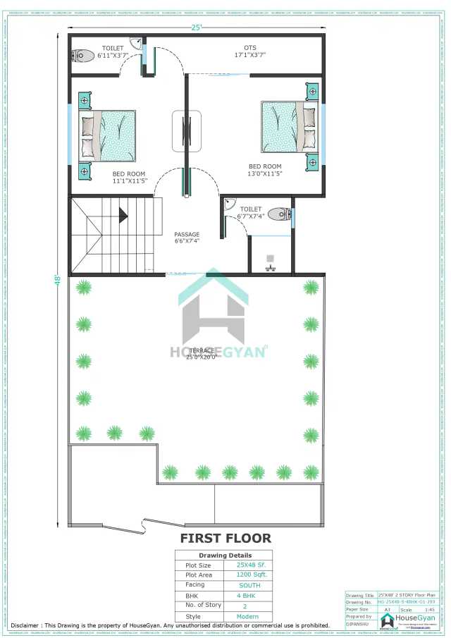 25X48 South Facing 4BHK First Floor House Plan | 1200 Sqft Plot Floor Plan