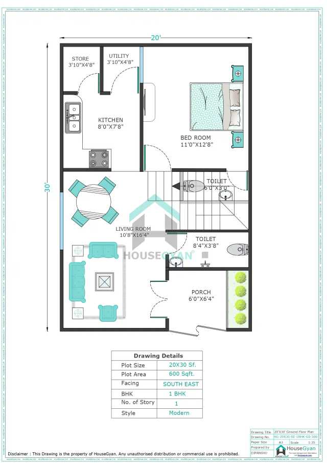 20X30 South East Facing 1BHK Ground Floor House Plan | 600 Sqft Plot Floor Plan