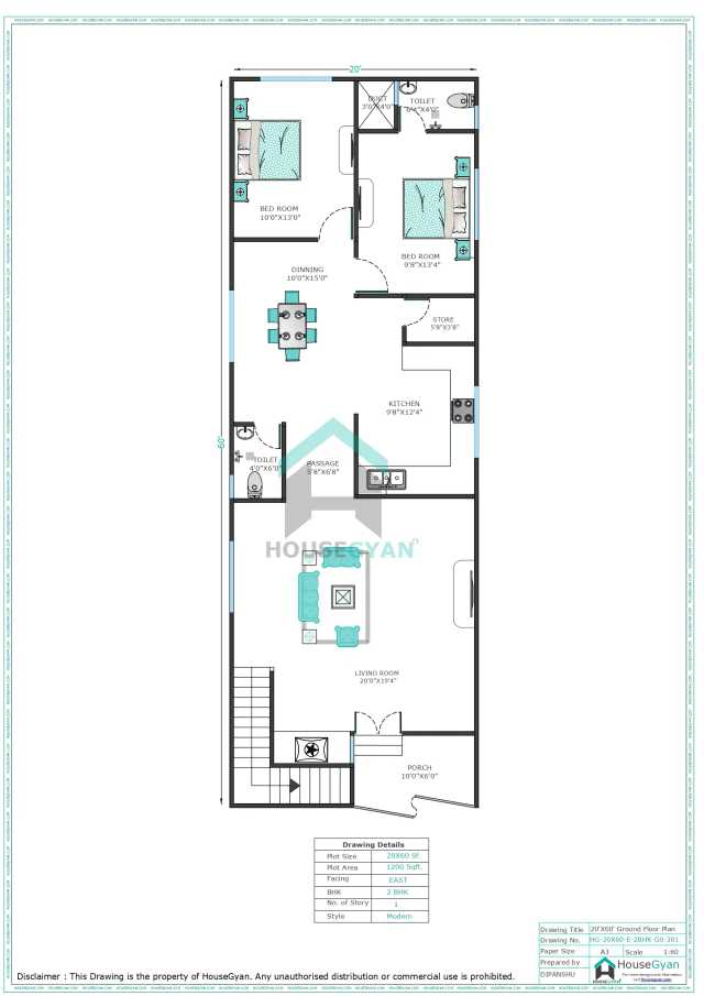 20X60 East Facing 2BHK Ground Floor House Plan