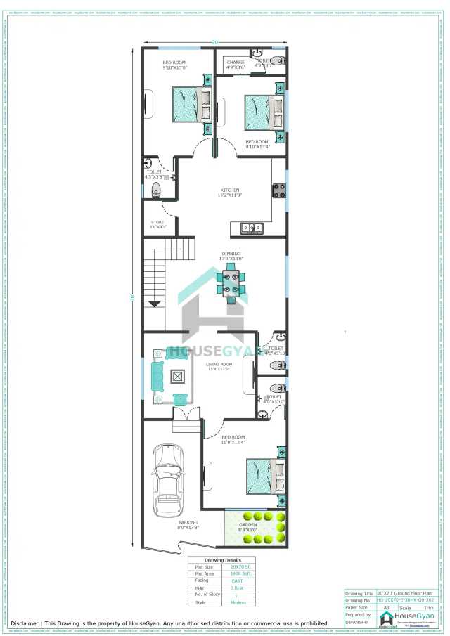 20X70 East Facing 3BHK Ground Floor House Plan | 1400 Sqft Plot Floor Plan