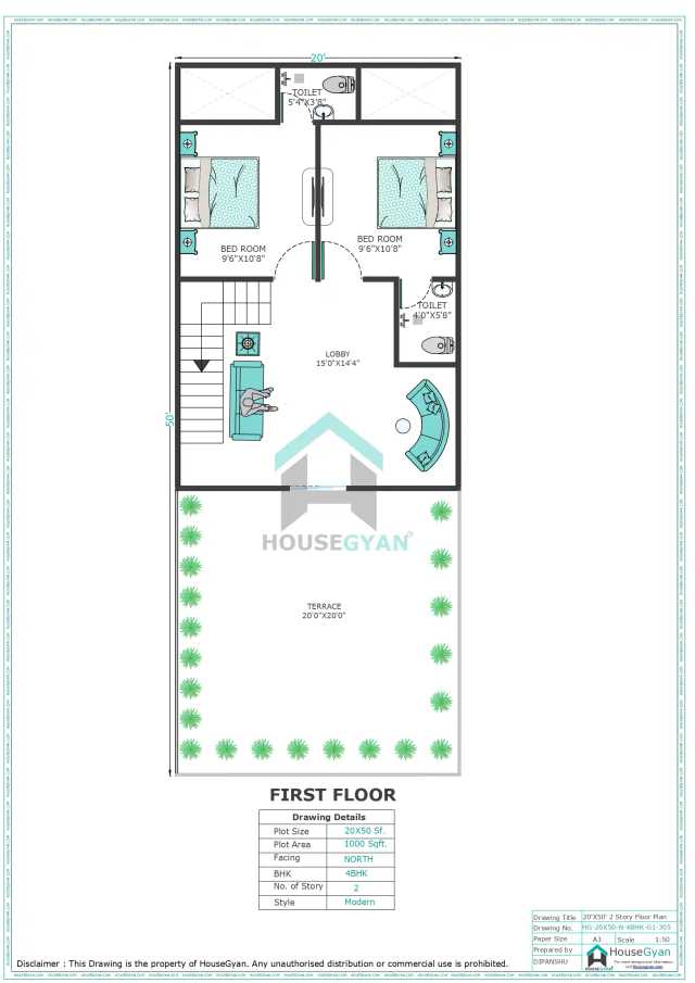 20X50 North Facing 4BHK First Floor House Plan | 1000 Sqft Plot Floor Plan