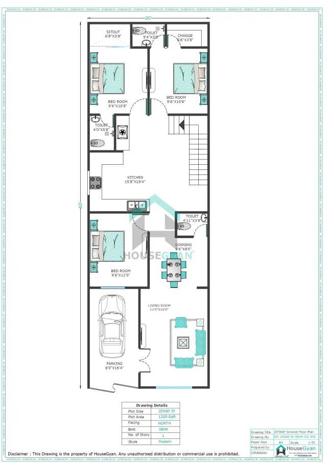 20X60 North Facing 3BHK Ground Floor House Plan | 1200 Sqft Plot Floor Plan