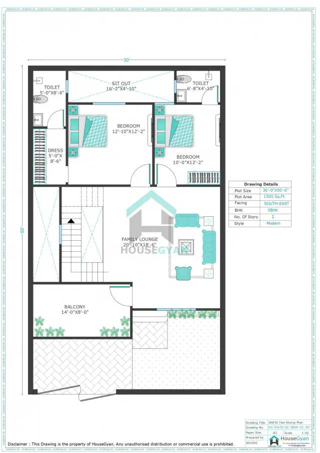 30X50 Southeast Facing 3BHK First Floor House Plan | 1500 Sqft Plot Floor Plan