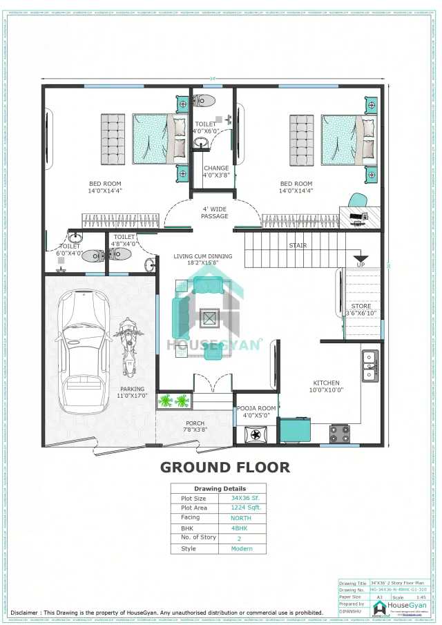 34X36 North Facing 4BHK First Floor House Plan | 1224 Sqft Plot Floor Plan