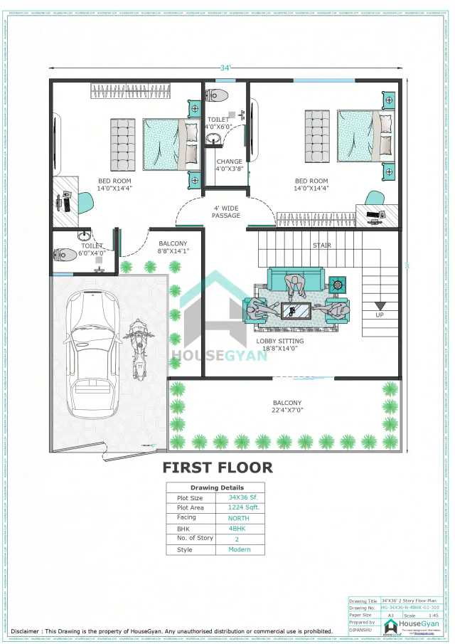 34X36 North Facing 4BHK First Floor House Plan | 1224 Sqft Plot Floor Plan