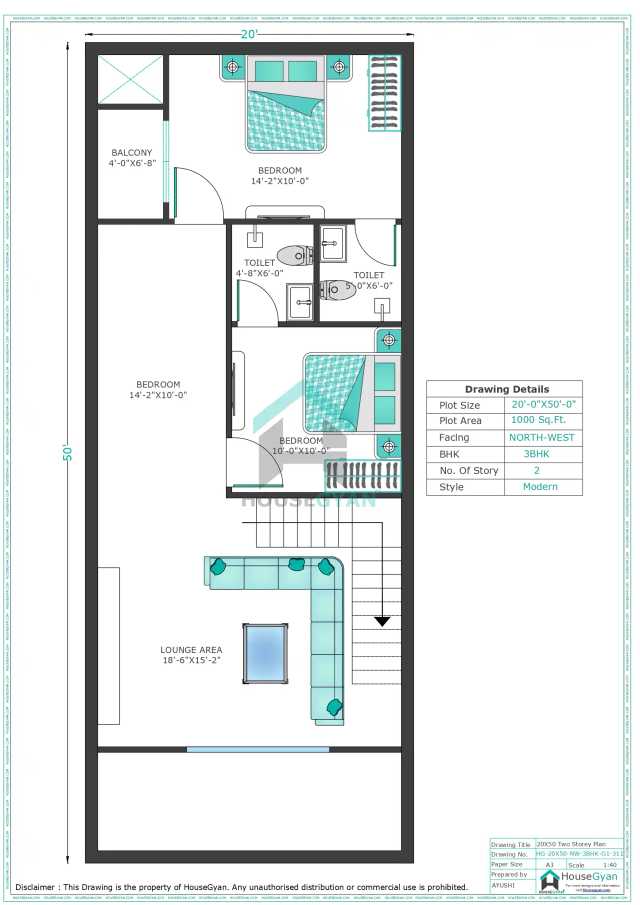 20X50 Northwest Facing 3BHK First Floor House Plan | 1000 Sqft Plot Floor Plan