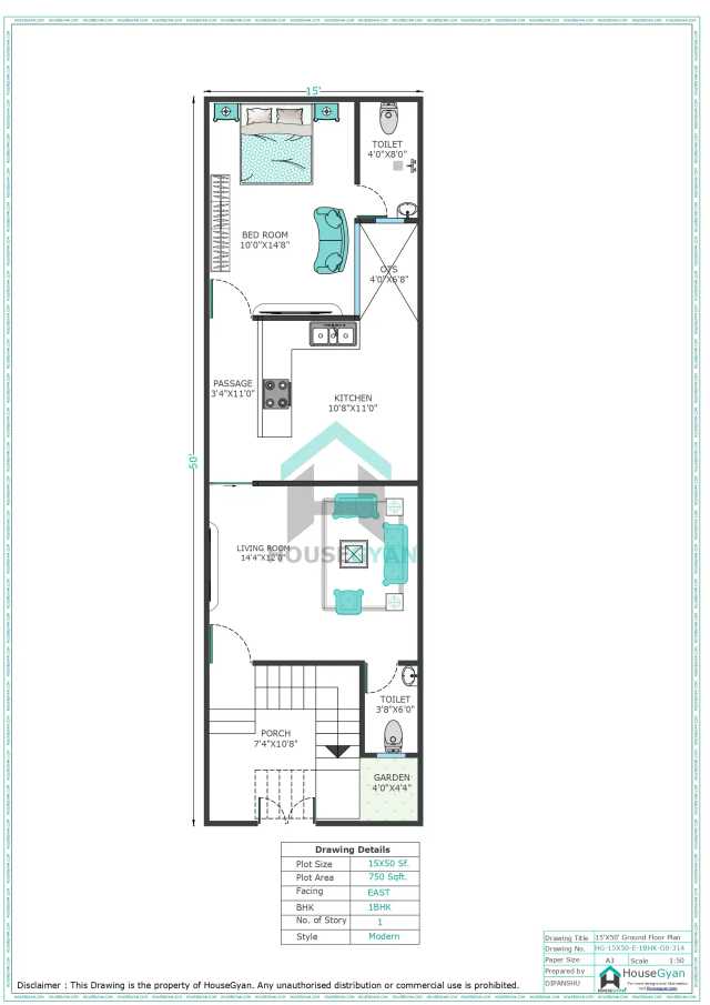 15X50 East Facing 1BHK Ground Floor House Plan