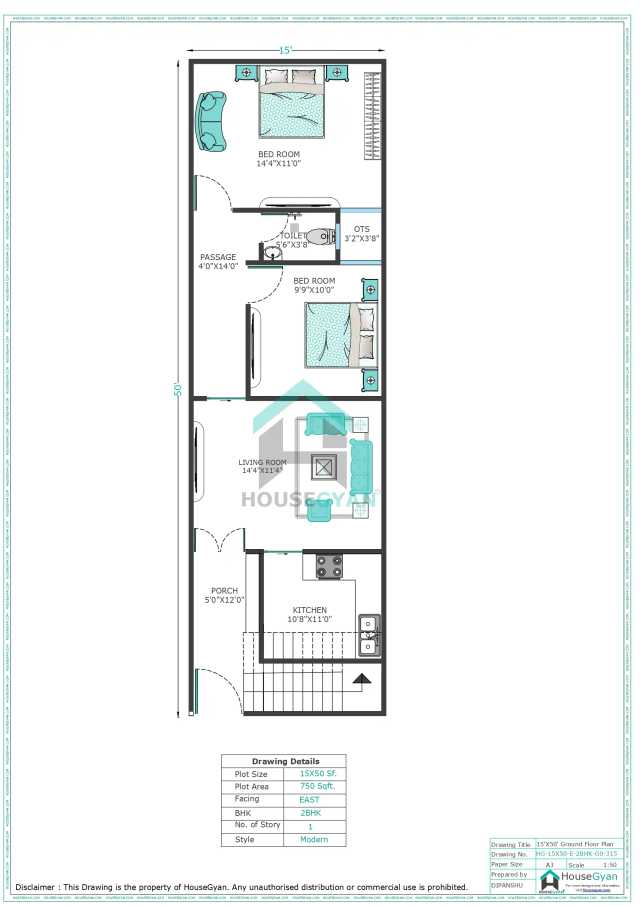 15X50 East Facing 2BHK Ground Floor House Plan | 750 Sqft Plot Floor Plan