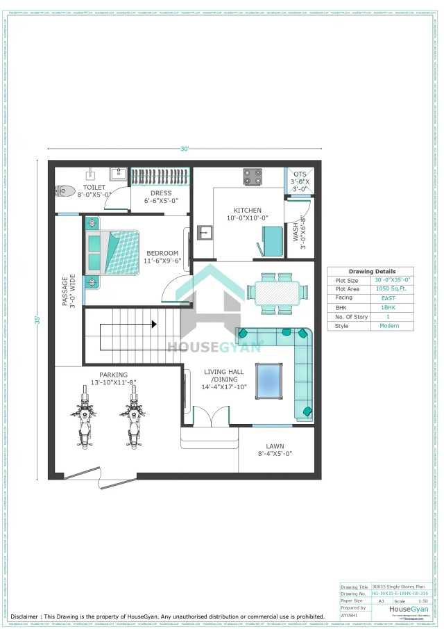30X35 East Facing 1BHK Ground Floor House Plan
