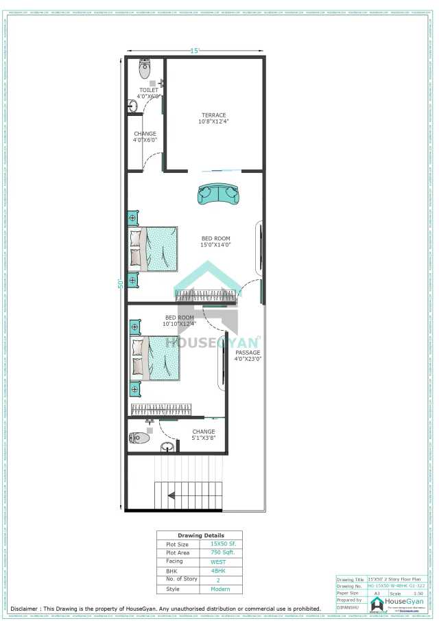 15X50 West Facing 4BHK First Floor House Plan | 750 Sqft Plot Floor Plan