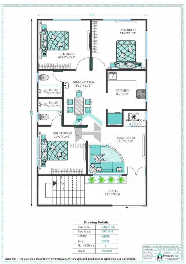 23X39 West Facing 3BHK Ground Floor House Plan | 897 Sqft Plot Floor Plan