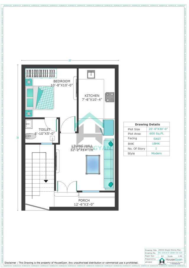 20X30 East Facing 1BHK Ground Floor House Plan