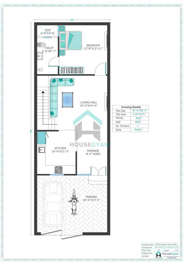 20X56 East Facing 1BHK Ground Floor House Plan | 1120 Sqft Plot Floor Plan