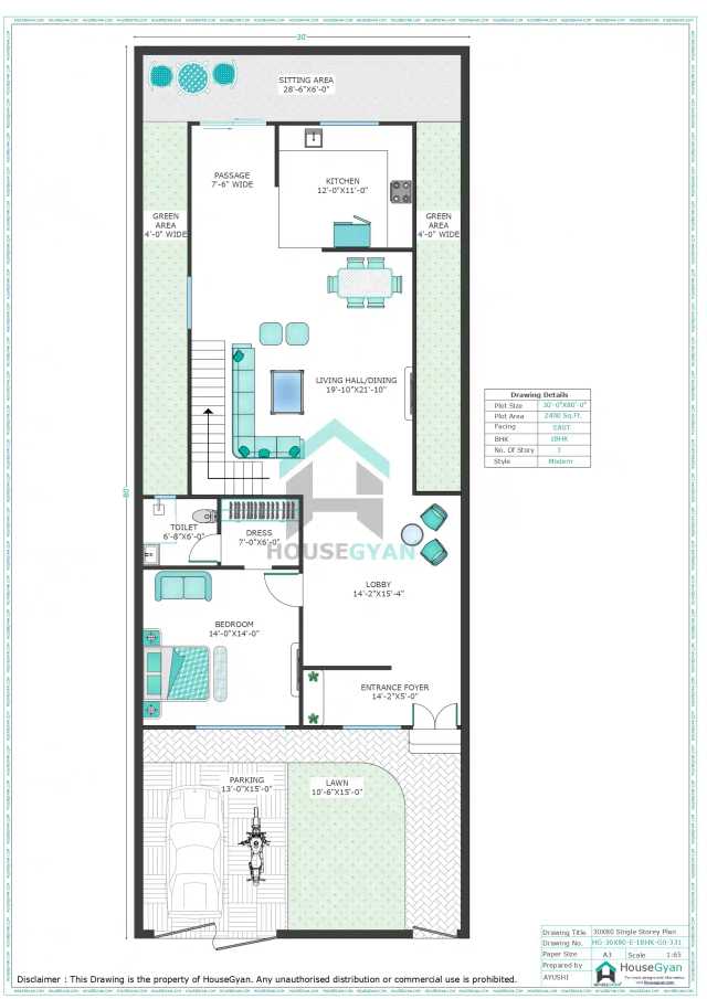30X80 East Facing 1BHK Ground Floor House Plan | 2400 Sqft Plot Floor Plan