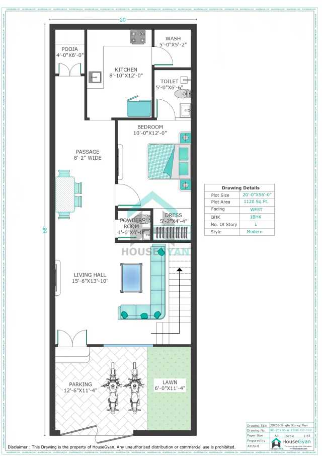 20X56 West Facing 1BHK Ground Floor House Plan | 1120 Sqft Plot Floor Plan