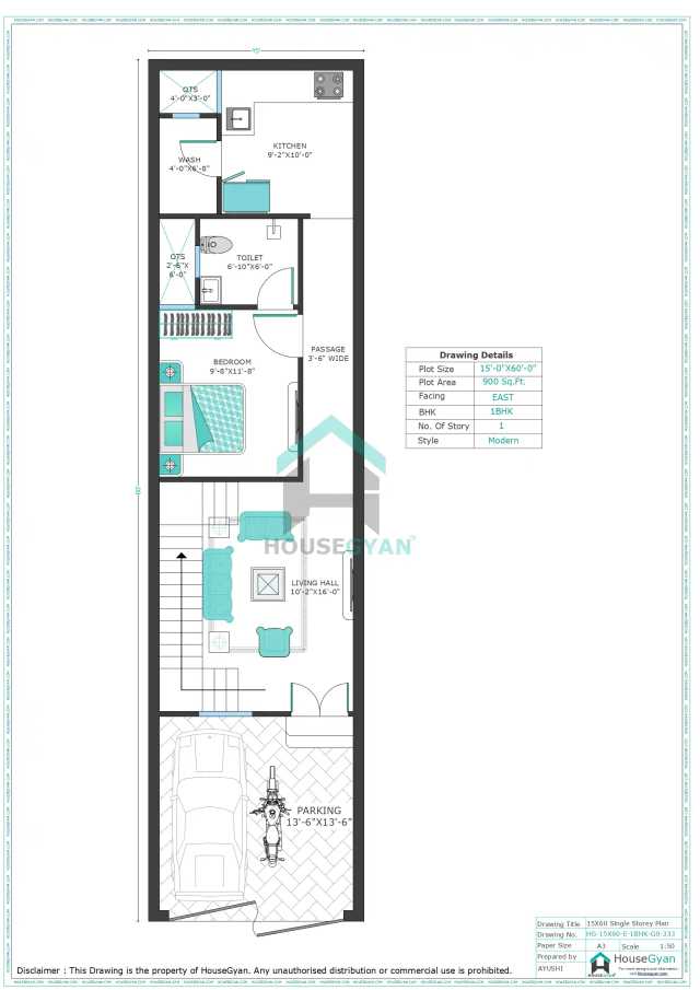 15X60 East Facing 1BHK Ground Floor House Plan