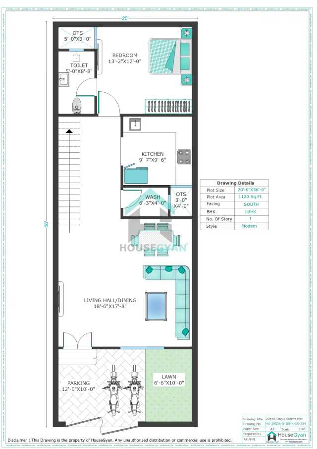 20X56 South Facing 1BHK Ground Floor House Plan | 1120 Sqft Plot Floor Plan