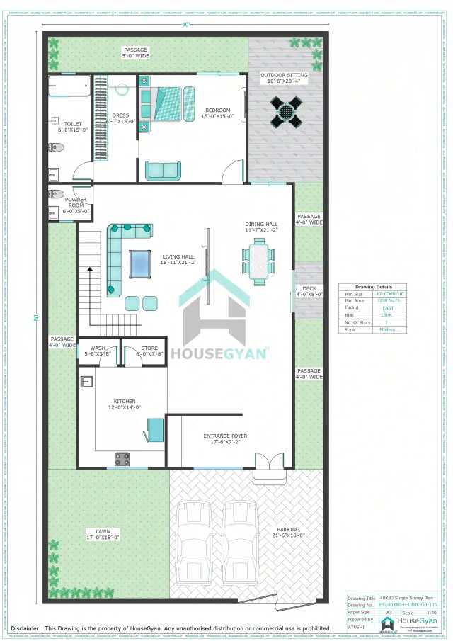 40X80 East Facing 1BHK Ground Floor House Plan