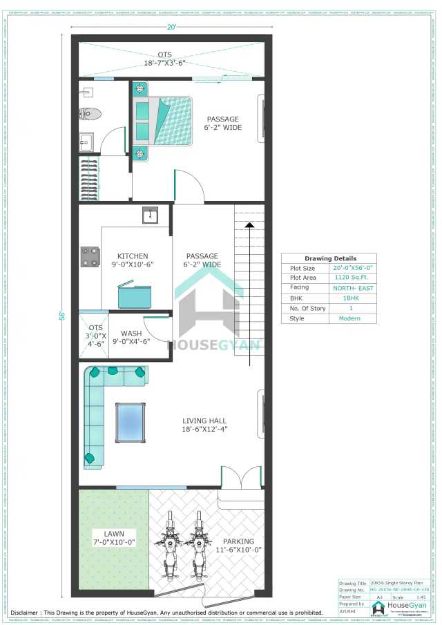 20X56 North East Facing 1BHK Ground Floor House Plan | 1120 Sqft Plot Floor Plan