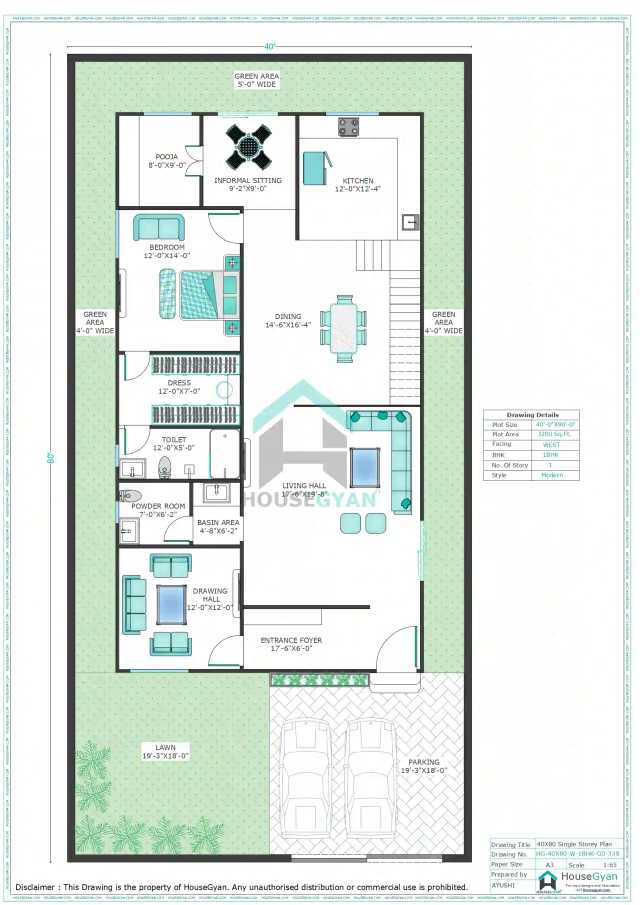 40X80 West Facing 1BHK Ground Floor House Plan | 3200 Sqft Plot Floor Plan