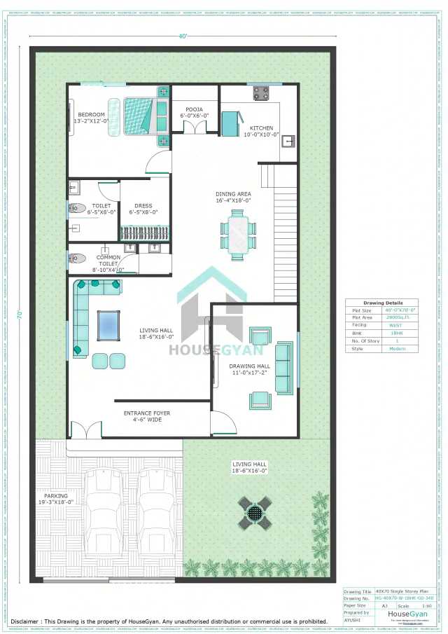 40X70 West Facing 1BHK Ground Floor House Plan