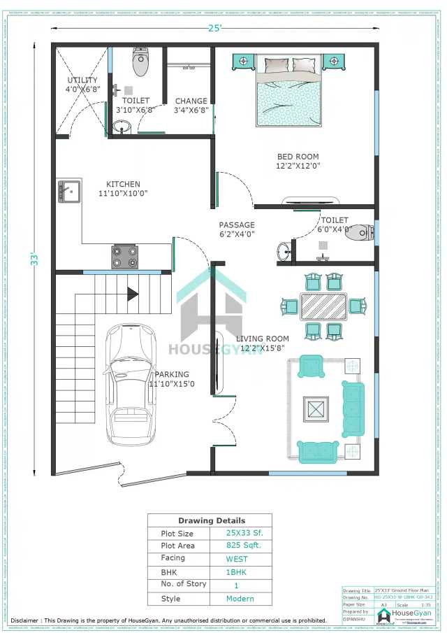 25X33 West Facing 1BHK Ground Floor House Plan | 825 Sqft Plot Floor Plan