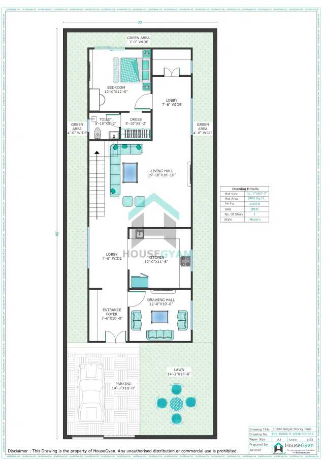 30X80 South Facing 1BHK Ground Floor House Plan | 2400 Sqft Plot Floor Plan