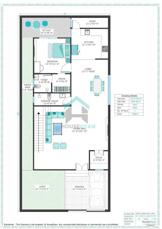 30X65 East Facing 1BHK Ground Floor House Plan
