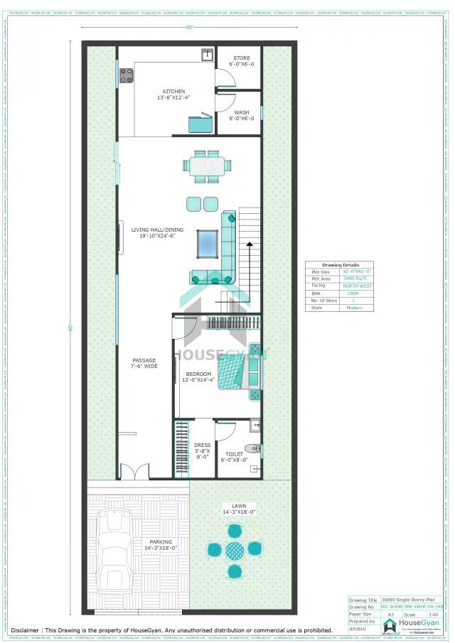 30X80 North West Facing 1BHK Ground Floor House Plan | 2400 Sqft Plot Floor Plan