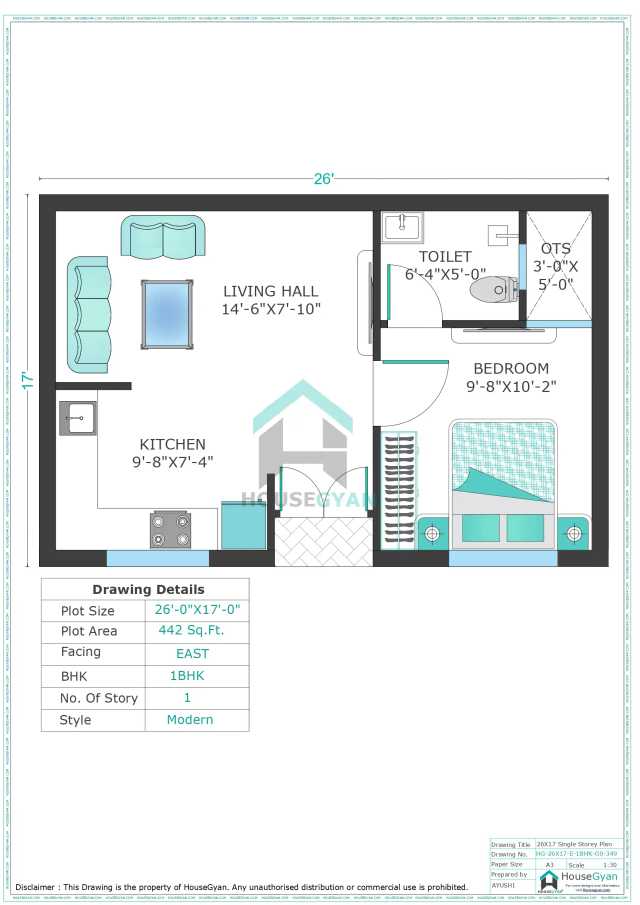 26X17 East Facing 1BHK Ground Floor House Plan