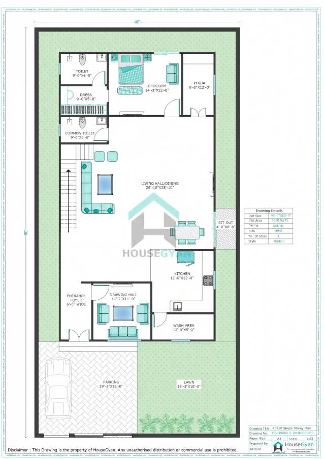 40X80 South Facing 1BHK Ground Floor House Plan | 3200 Sqft Plot Floor Plan
