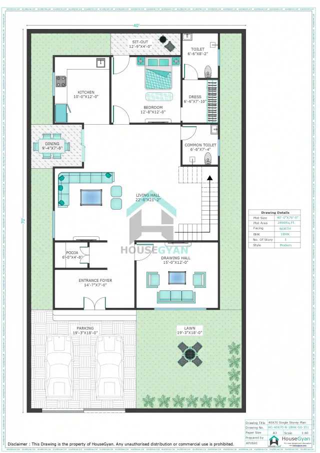 40X70 North Facing 1BHK Ground Floor House Plan