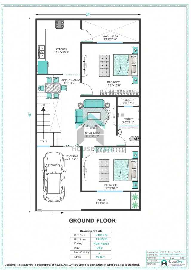 24X45 Northeast Facing 3BHK First Floor House Plan
